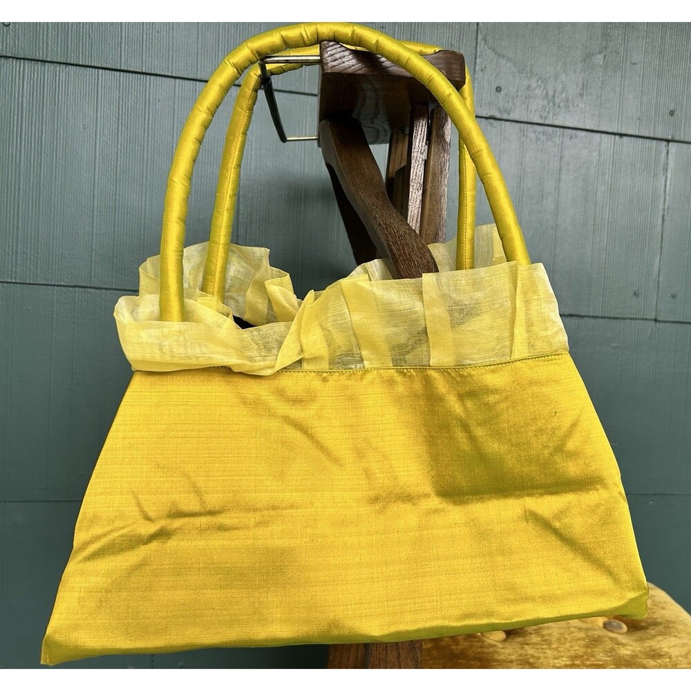 Tabitha Cambodia Citron Yellow Handwoven Silk Tote Bag Purse Ruffle Trim Boho